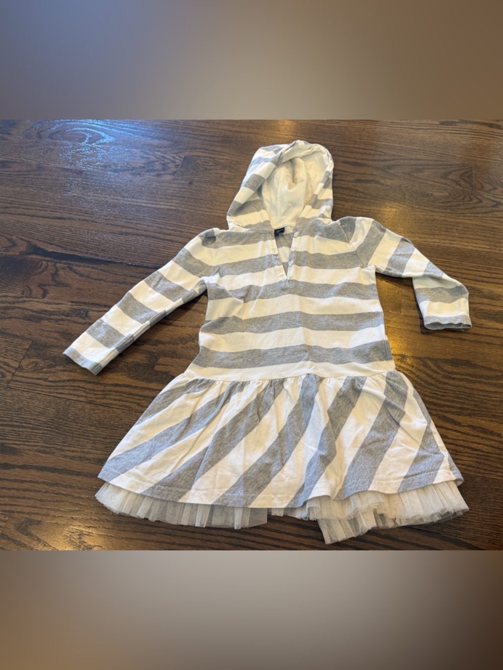 GAP White and Gray Striped Hoodie Dress with tulle